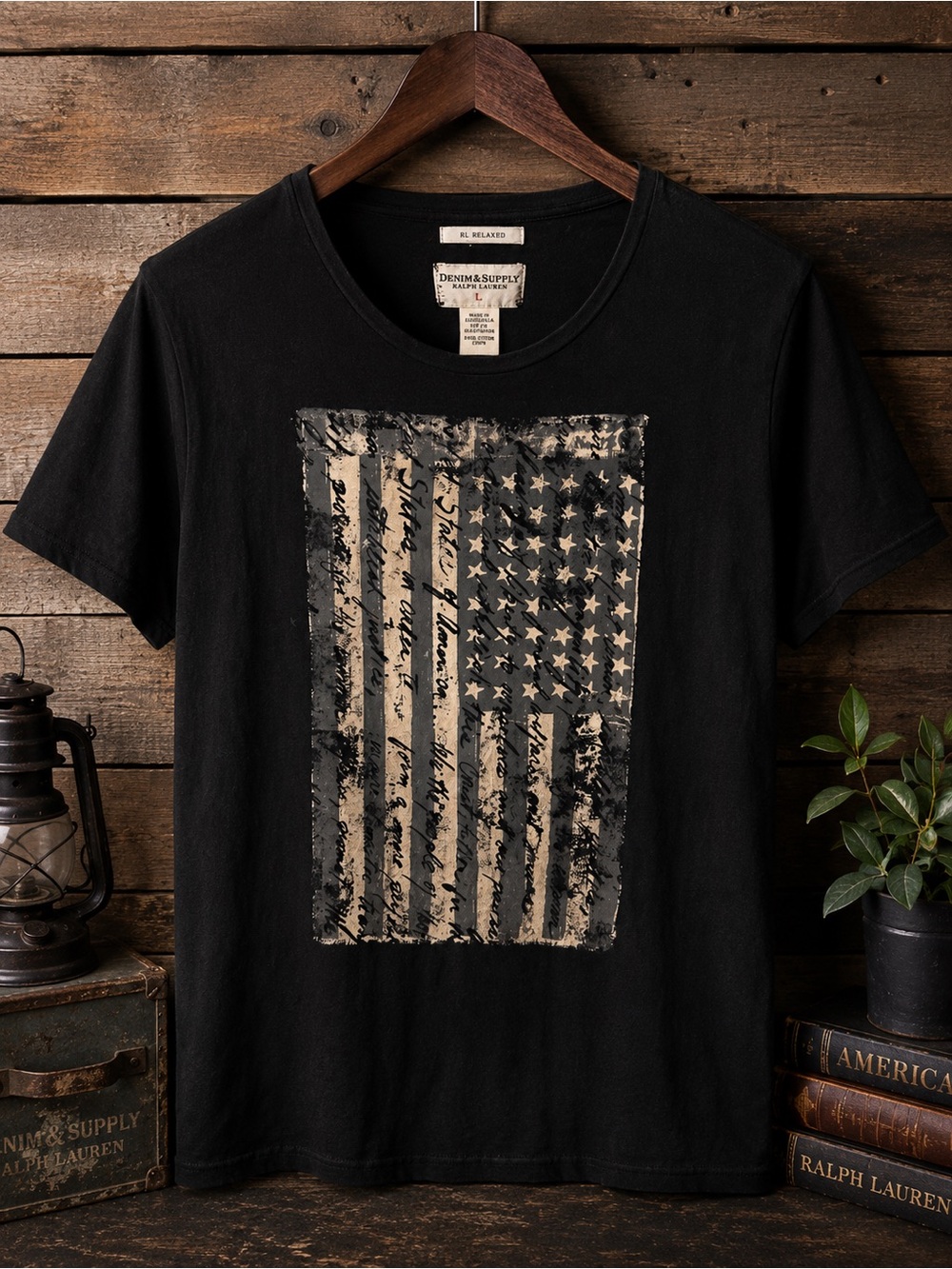 Ralph Lauren Black Tee with Distressed Tan Flag Graphic
